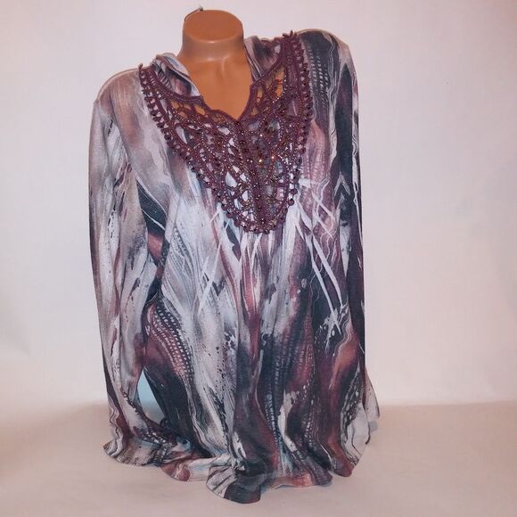 CJ Banks Sweater Womens Plus Size 2X Brown Cream Boho Hooded Studded Bling Croch - Picture 2 of 10